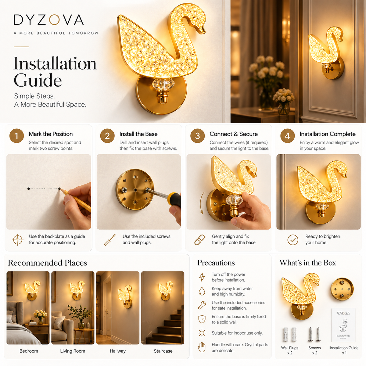 Crystal Swan LED Wall Light | 3-in-1 Color Temperature 3000K 4000K 6500K | Brushed Gold Crystal