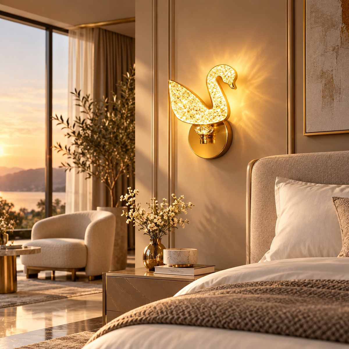 Crystal Swan LED Wall Light | 3-in-1 Color Temperature 3000K 4000K 6500K | Brushed Gold Crystal