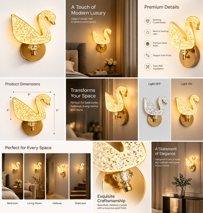 Crystal Swan LED Wall Light | 3-in-1 Color Temperature 3000K 4000K 6500K | Brushed Gold Crystal