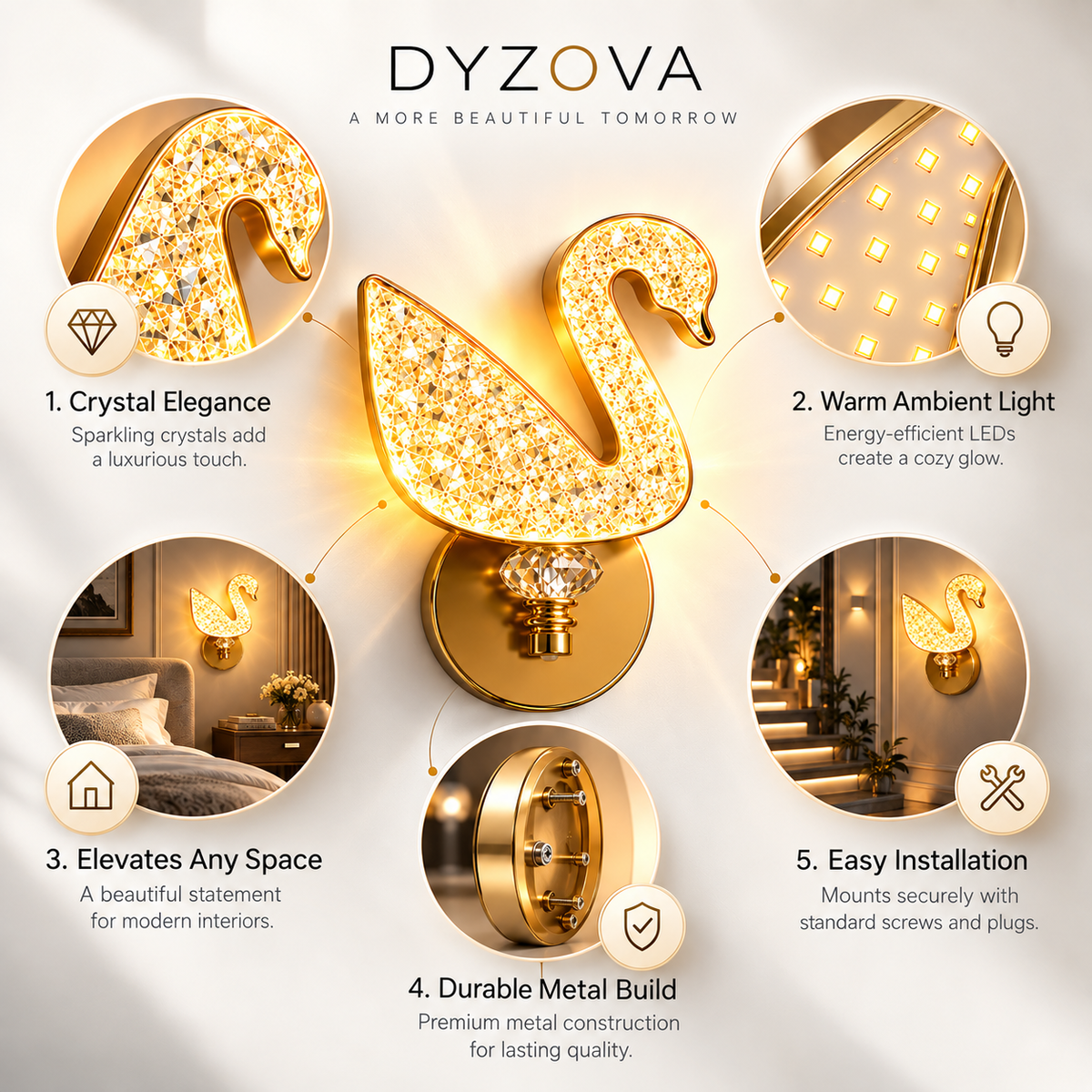Crystal Swan LED Wall Light | 3-in-1 Color Temperature 3000K 4000K 6500K | Brushed Gold Crystal