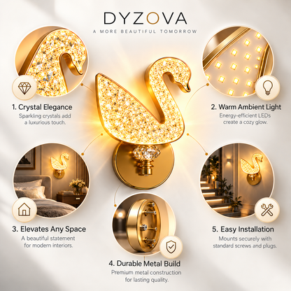 Crystal Swan LED Wall Light | 3-in-1 Color Temperature 3000K 4000K 6500K | Brushed Gold Crystal