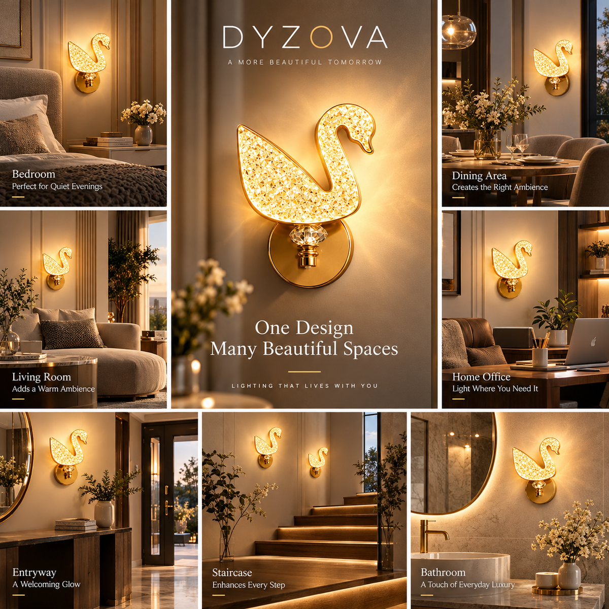 Crystal Swan LED Wall Light | 3-in-1 Color Temperature 3000K 4000K 6500K | Brushed Gold Crystal