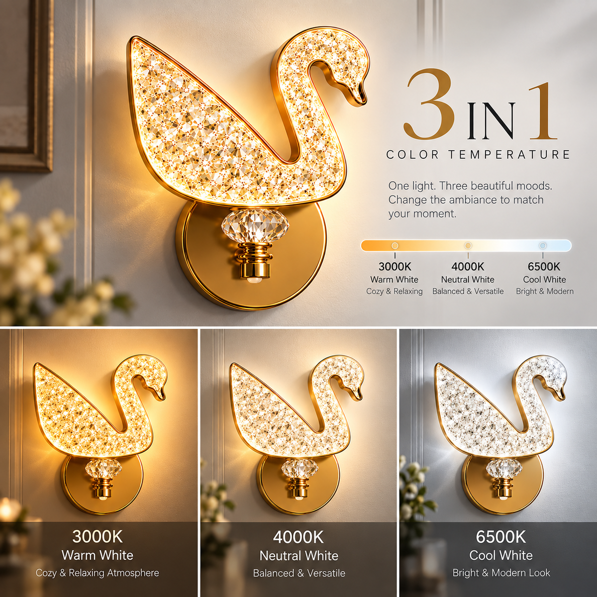 Crystal Swan LED Wall Light | 3-in-1 Color Temperature 3000K 4000K 6500K | Brushed Gold Crystal