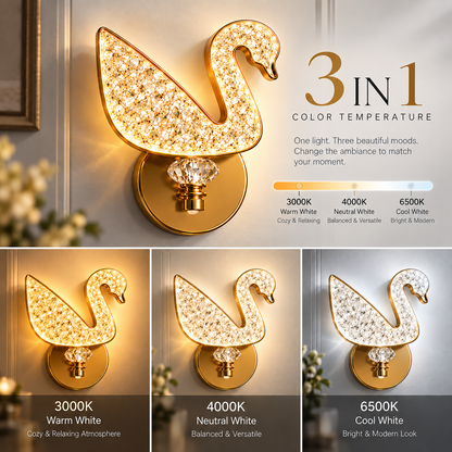 Crystal Swan LED Wall Light | 3-in-1 Color Temperature 3000K 4000K 6500K | Brushed Gold Crystal