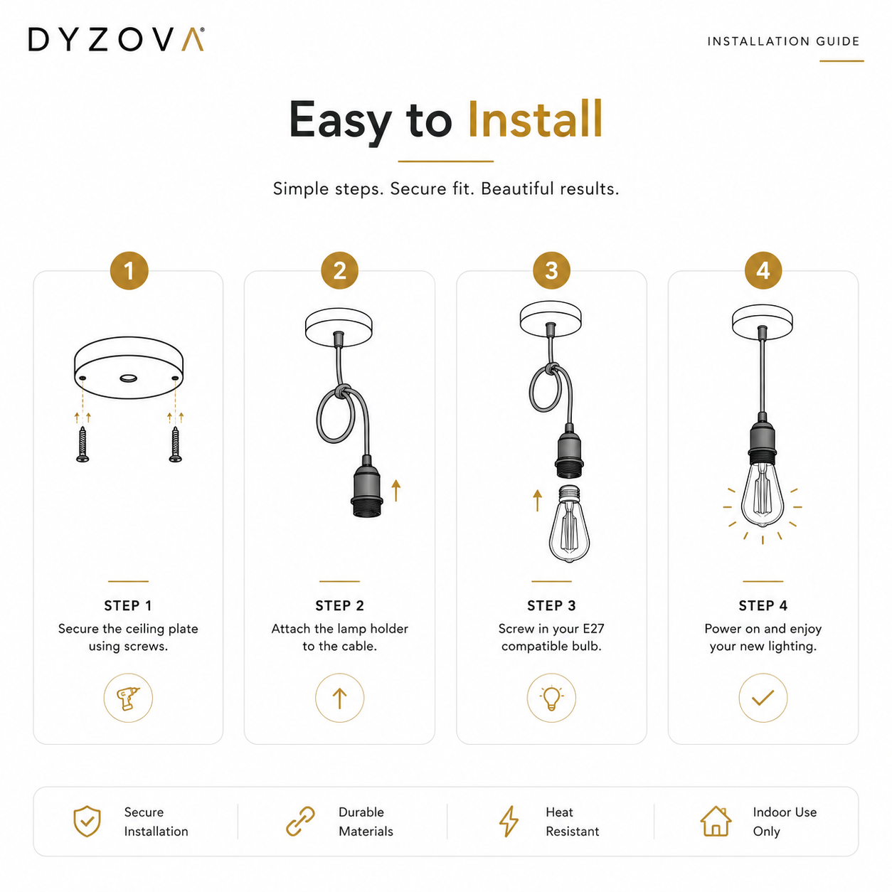 Dzyova Pendant Light Cable Kit Installation sheet and product photo on a white background, showing the black corded pendant light, ceiling plate, lamp holder, wire length, and feature icons with dimensions and specifications.