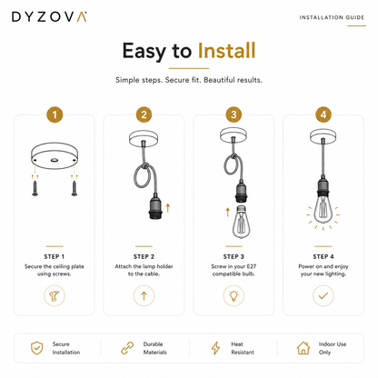Dzyova Pendant Light Cable Kit Installation sheet and product photo on a white background, showing the black corded pendant light, ceiling plate, lamp holder, wire length, and feature icons with dimensions and specifications.