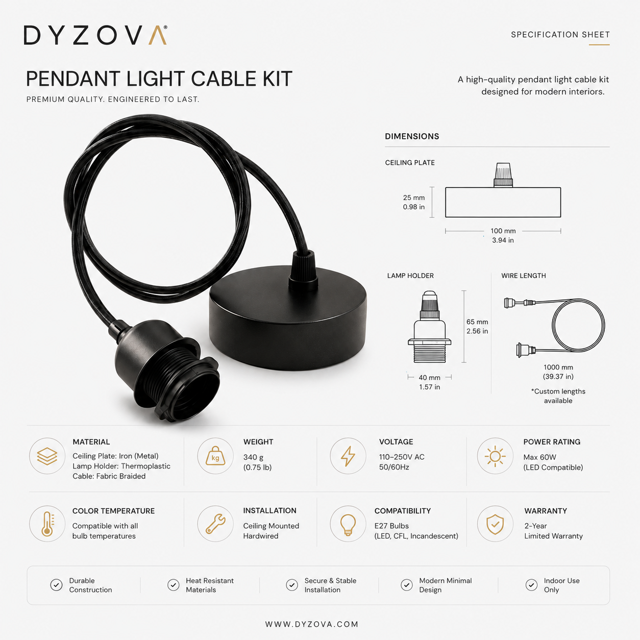 Dzyova Pendant Light Cable Kit specification sheet and product photo on a white background, showing the black corded pendant light, ceiling plate, lamp holder, wire length, and feature icons with dimensions and specifications.