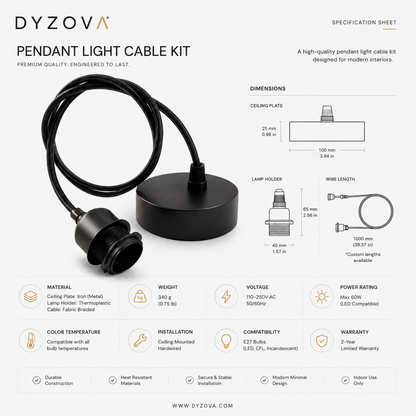 Dzyova Pendant Light Cable Kit specification sheet and product photo on a white background, showing the black corded pendant light, ceiling plate, lamp holder, wire length, and feature icons with dimensions and specifications.
