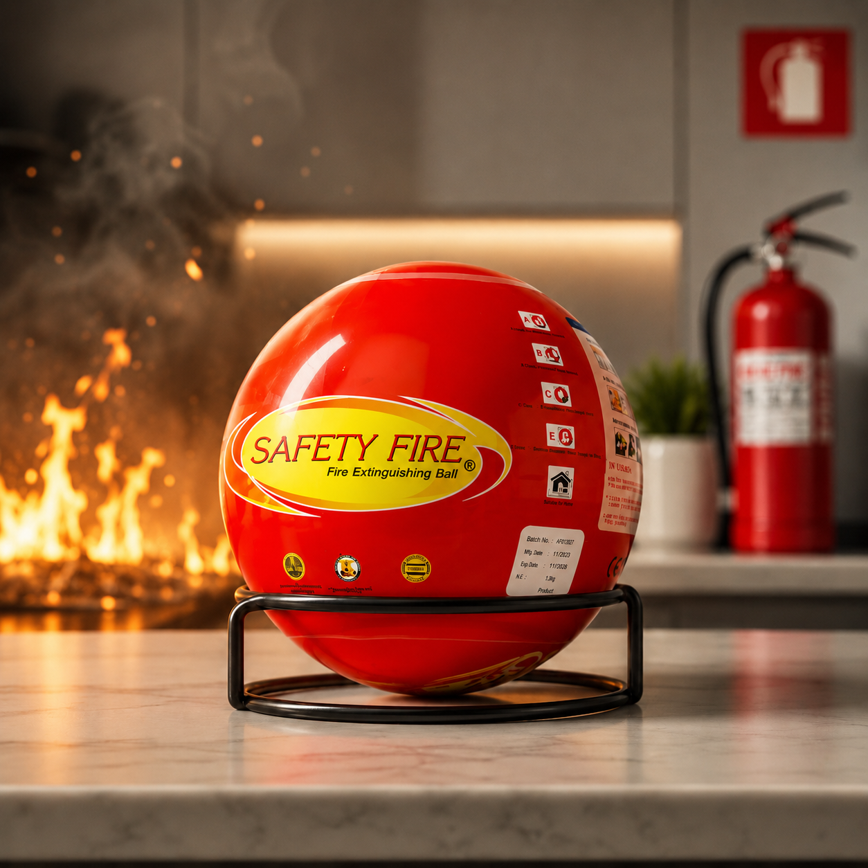 A red fire extinguishing ball labeled 'SAFETY FIRE' sits on a black metal stand on a countertop, with a blurred fire scene and a real fire extinguisher in the background.