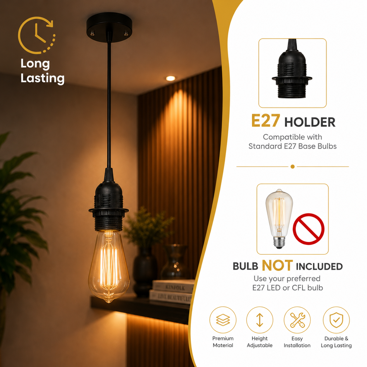 Light bulb with E27 holder in a decorative setting, highlighting features like long-lasting quality and compatibility with standard bulbs.