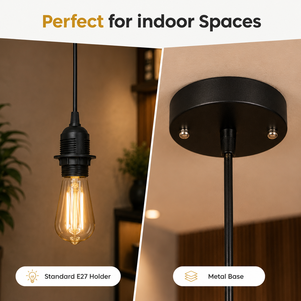 Light bulb with black holder and metal base, suitable for indoor spaces.