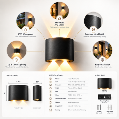 Matte Black Up & Down LED Wall Light | Warm White IP65