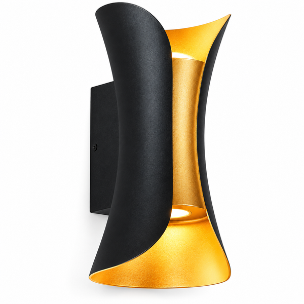 A modern wall-mounted light fixture with a sculptural, curved design in matte black and metallic gold, shown against a plain white background.