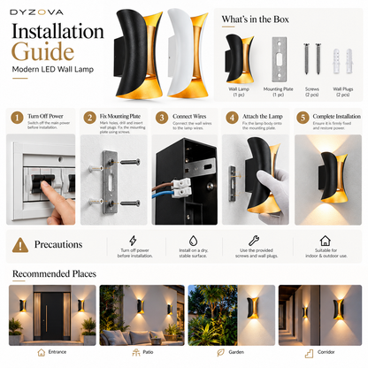 Installation guide infographic for the DYZOVA Modern LED Wall Lamp, showing the product, its contents, step-by-step installation instructions with a hand, precautions, and recommended outdoor wall mounting locations.