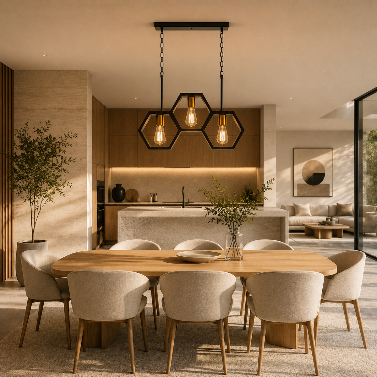 A modern dining room with a light wood dining table and eight upholstered chairs, under a black hexagonal pendant light fixture. The background shows a contemporary kitchen with warm wood cabinetry and a stone island.