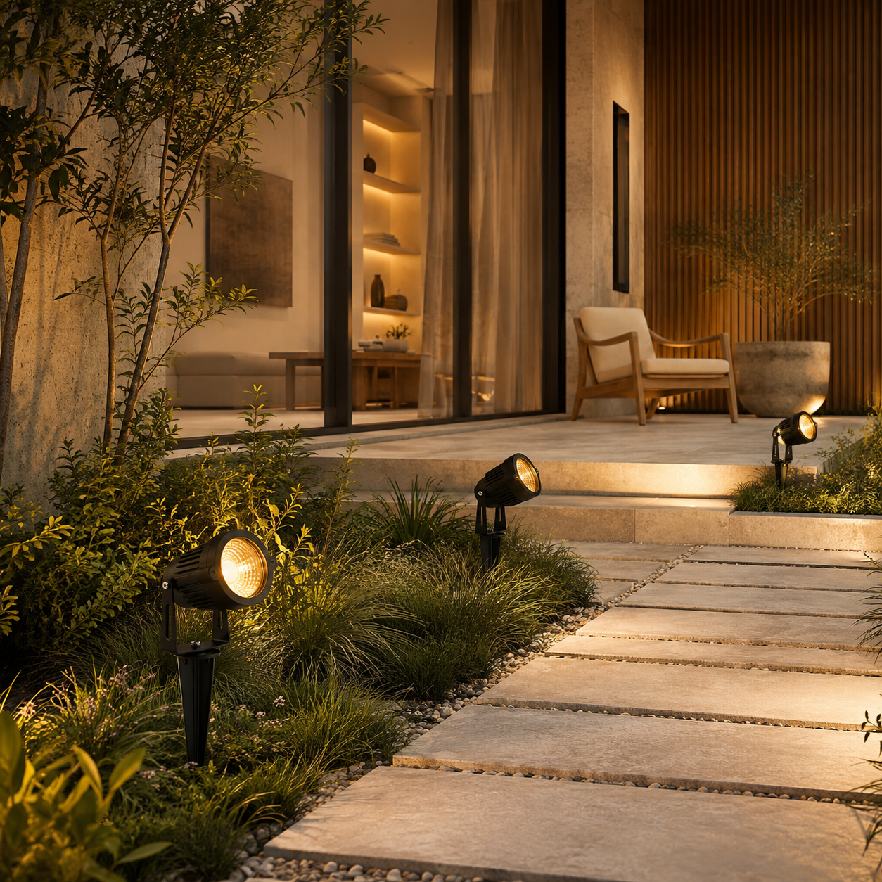 Modern outdoor landscape lighting system with black ground stakes illuminating a stone pathway and steps beside a glass-walled home entrance.