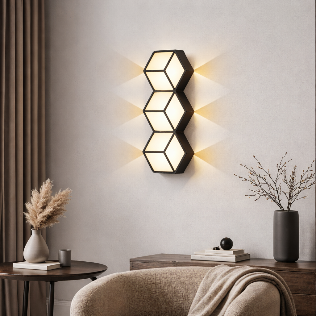Modern wall light fixture in a living room setting with decor elements.