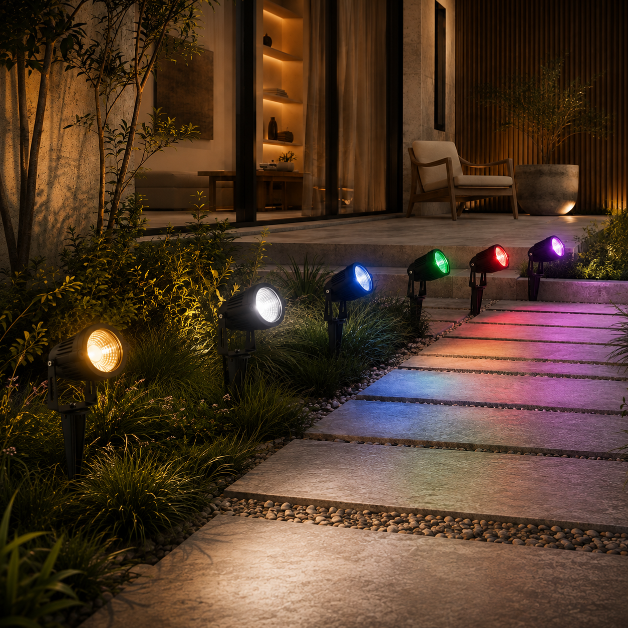 Outdoor landscape lighting set with six color-changing ground spotlights illuminating a stone pathway at night in a modern garden setting.