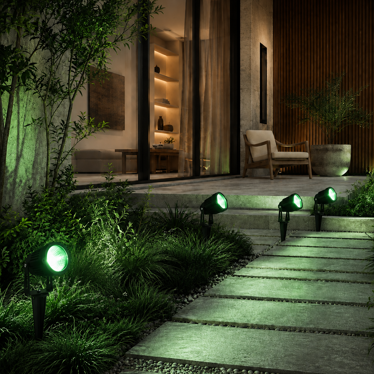 Outdoor landscape lighting system with multiple green spotlights illuminating a stone pathway and garden beds at night in front of a modern house.