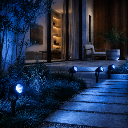 Outdoor landscape lighting with multiple black ground spotlights illuminating a stone walkway and garden beds at night, casting a blue glow in a modern patio setting.