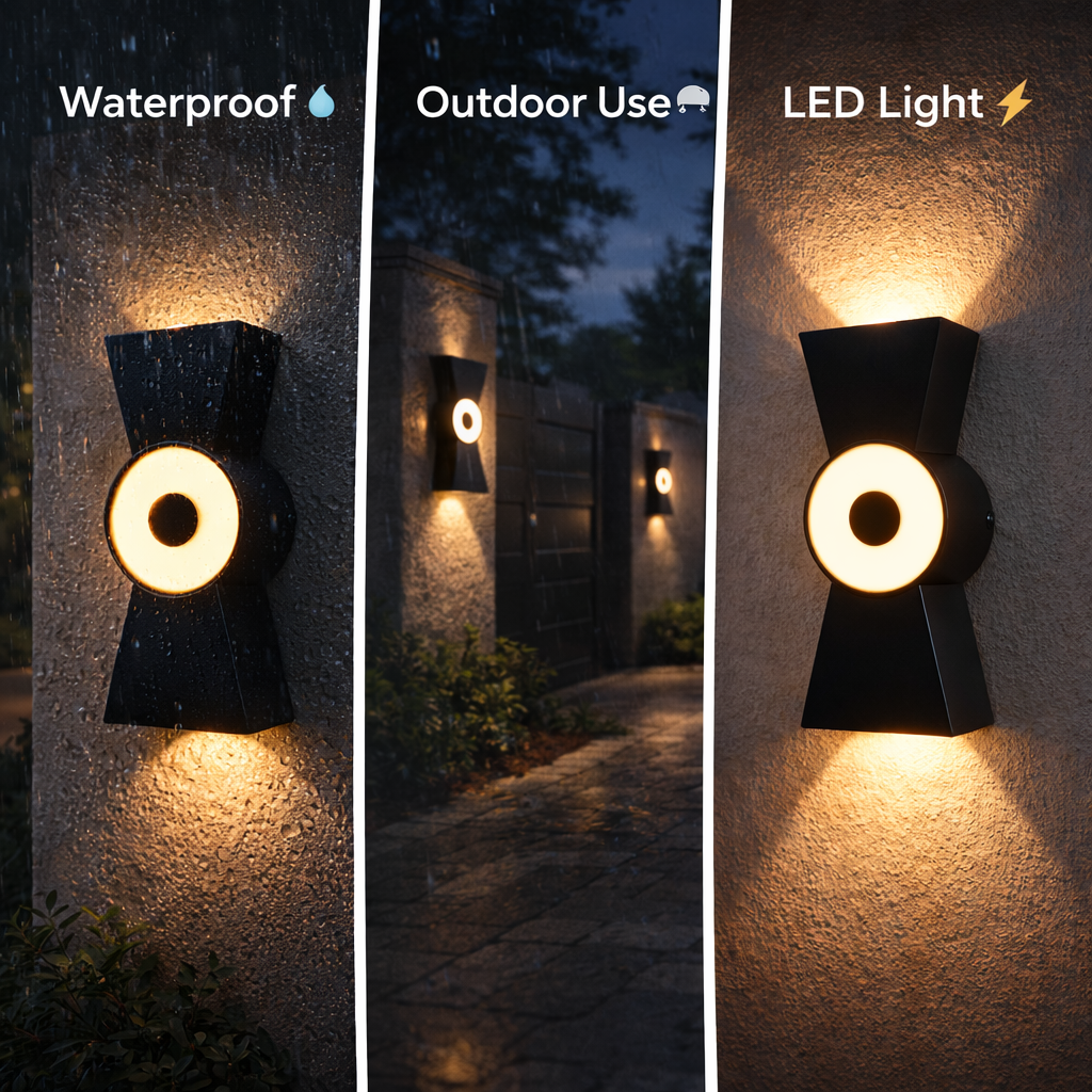 Outdoor wall light fixture with waterproof, outdoor use, and LED light features highlighted.