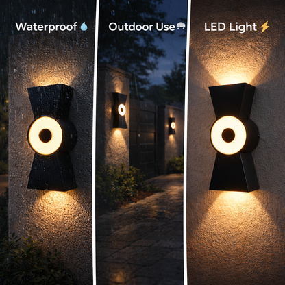 Outdoor wall light fixture with waterproof, outdoor use, and LED light features highlighted.