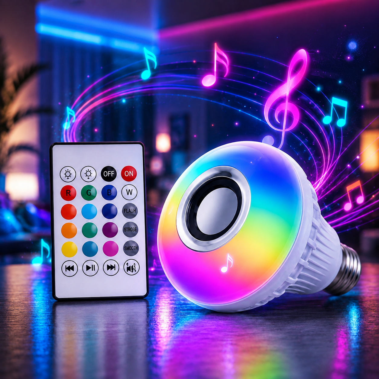 RGB Music Bulb with Bluetooth Speaker | 16M Colours, Dimmable, E27 with 24-Key Remote