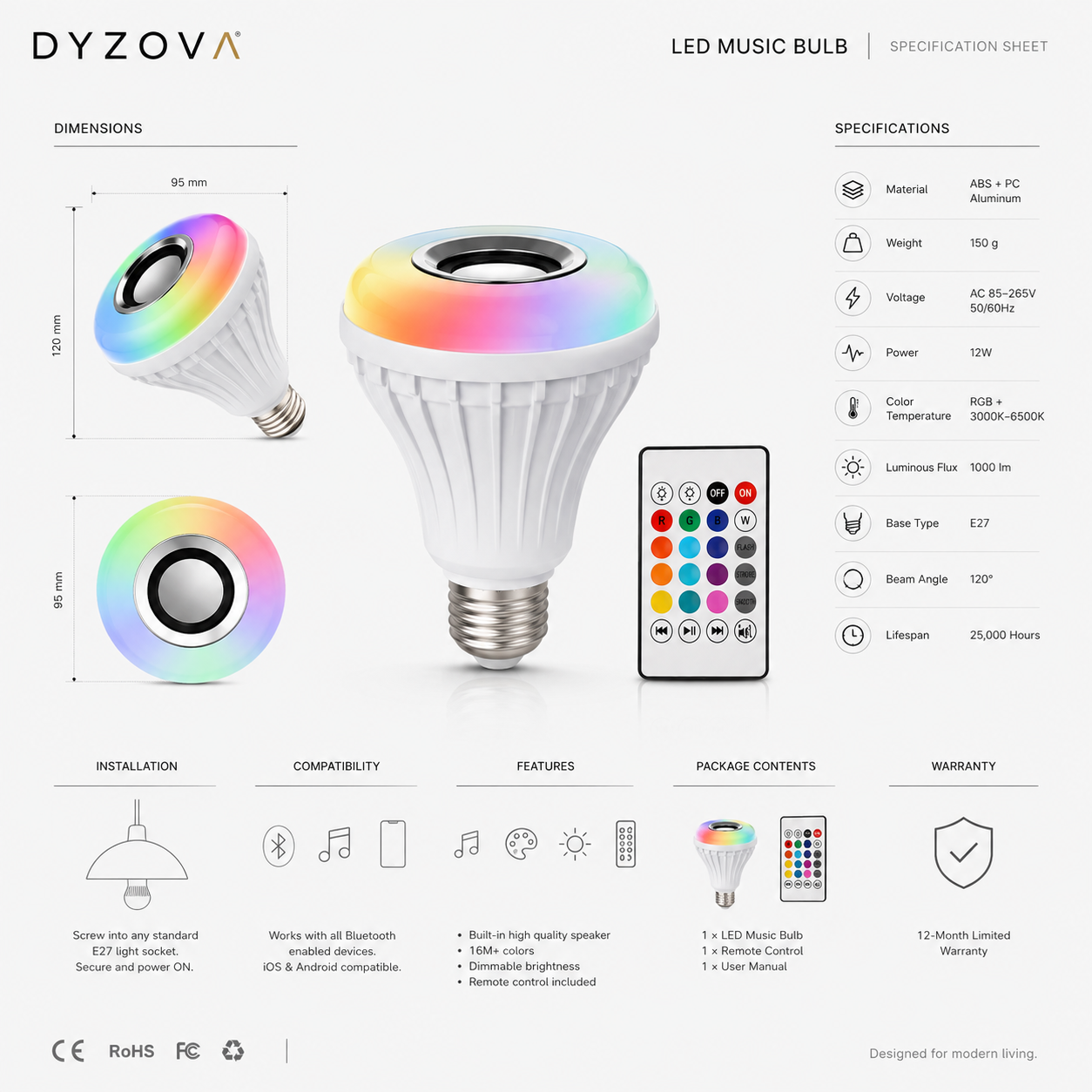 RGB Music Bulb with Bluetooth Speaker | 16M Colours, Dimmable, E27 with 24-Key Remote