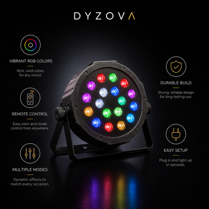 DYZOVA RGB LED stage light fixture shown on a black background with feature callouts around it. The fixture has multiple colorful LED lights illuminated in red, orange, yellow, green, blue, and purple, with a black metal housing and stand.