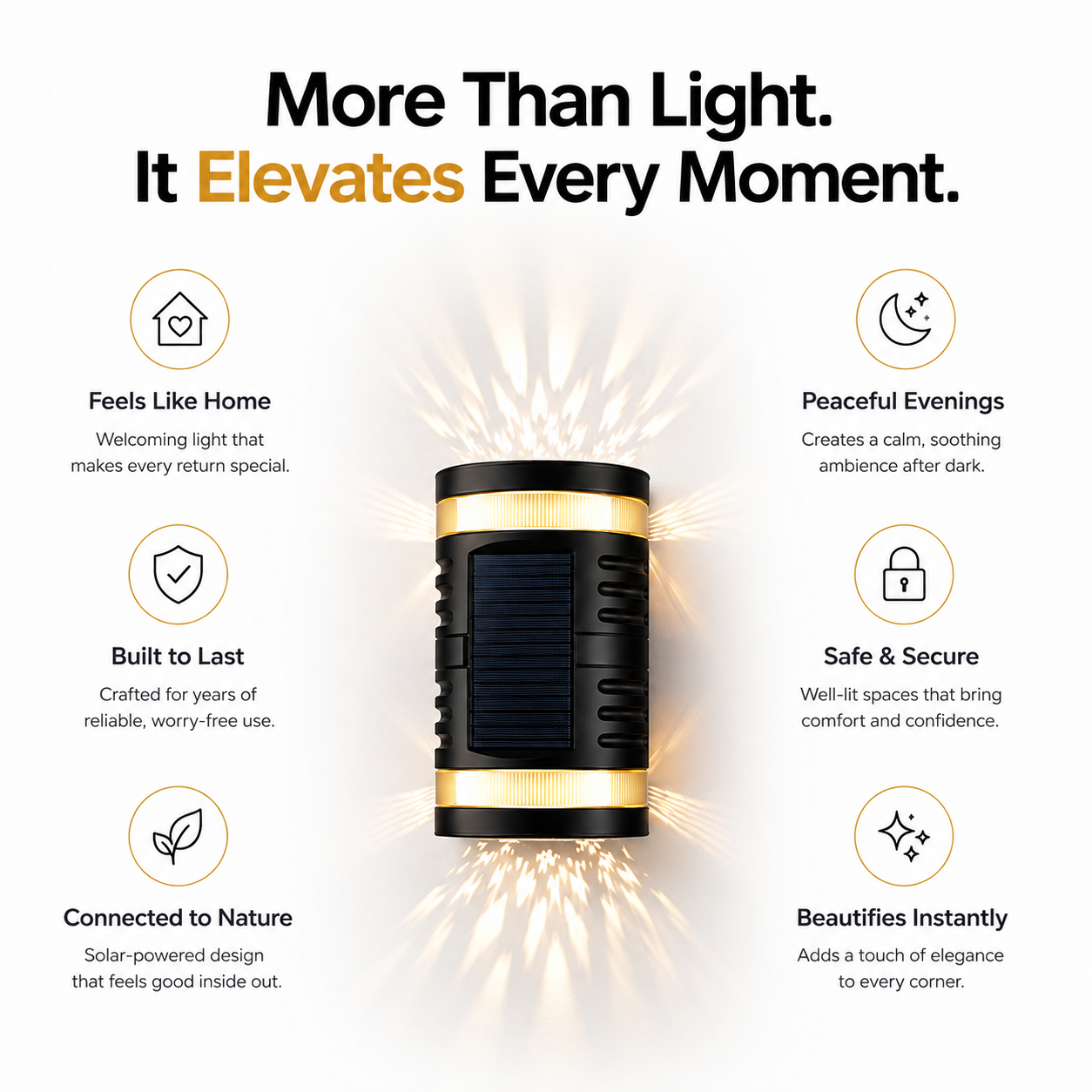 A solar-powered wall light fixture in a black and gold cylindrical design, centered on a white background with marketing text and icons around it describing its benefits.