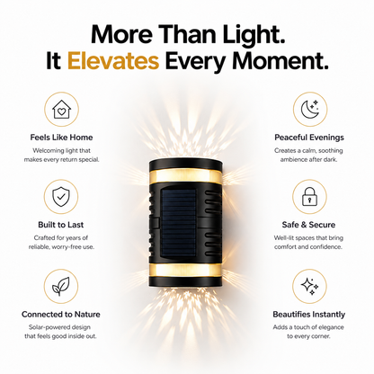 A solar-powered wall light fixture in a black and gold cylindrical design, centered on a white background with marketing text and icons around it describing its benefits.