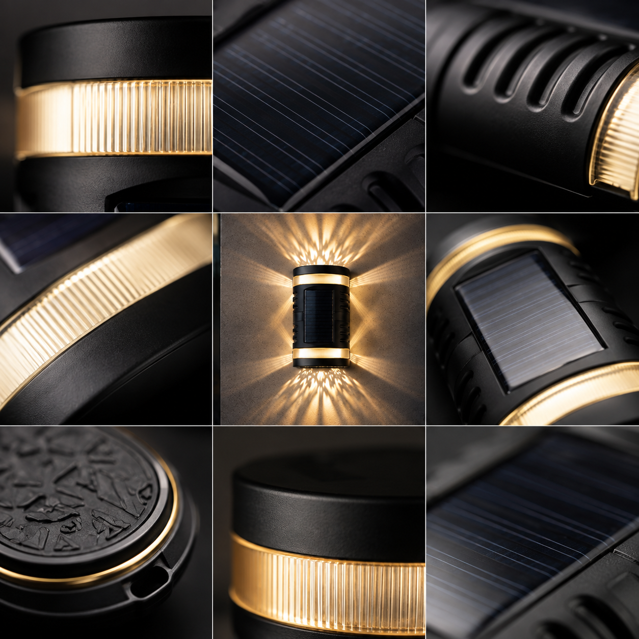 A 3x3 collage showing close-up details of a solar wall light: black body with a ribbed gold band, a solar panel section, the light turned on casting warm light, and another angle of the solar panel. No person, animal, or real environment is present.