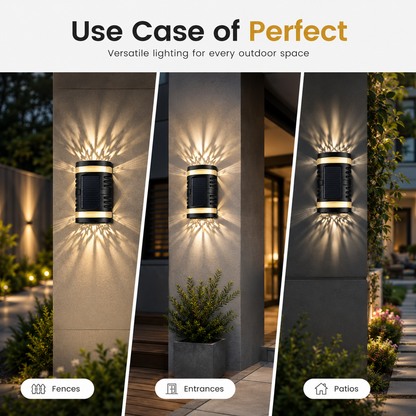 Three-panel promotional graphic showing a black outdoor wall light mounted on a stone pillar at night, casting a starburst pattern of light. Text at the top reads 'Use Case of Perfect' with smaller copy 'Versatile lighting for every outdoor space,' and labels at the bottom indicate Fences, Entrances, and Patios.