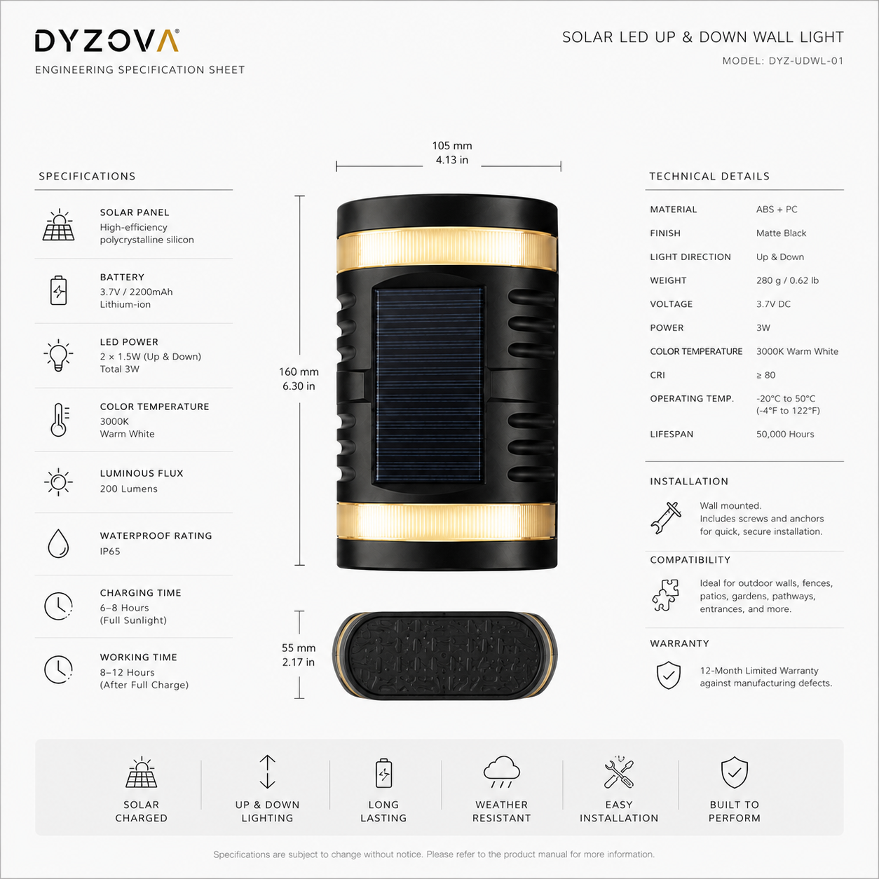 An engineering specification sheet for the Dzyova Solar LED Up & Down Wall Light, featuring a central product rendering of the black cylindrical light with a gold band, surrounded by detailed technical specifications, dimensions, and feature icons.