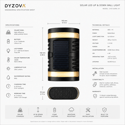 An engineering specification sheet for the Dzyova Solar LED Up & Down Wall Light, featuring a central product rendering of the black cylindrical light with a gold band, surrounded by detailed technical specifications, dimensions, and feature icons.