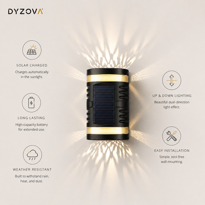 A cylindrical solar wall light with a black body, gold accent bands, and a dark solar panel on top, shown centered on a light beige background with radiating light beams. Surrounding text highlights features like solar charging, long-lasting battery, up and down lighting, weather resistance, and easy installation.