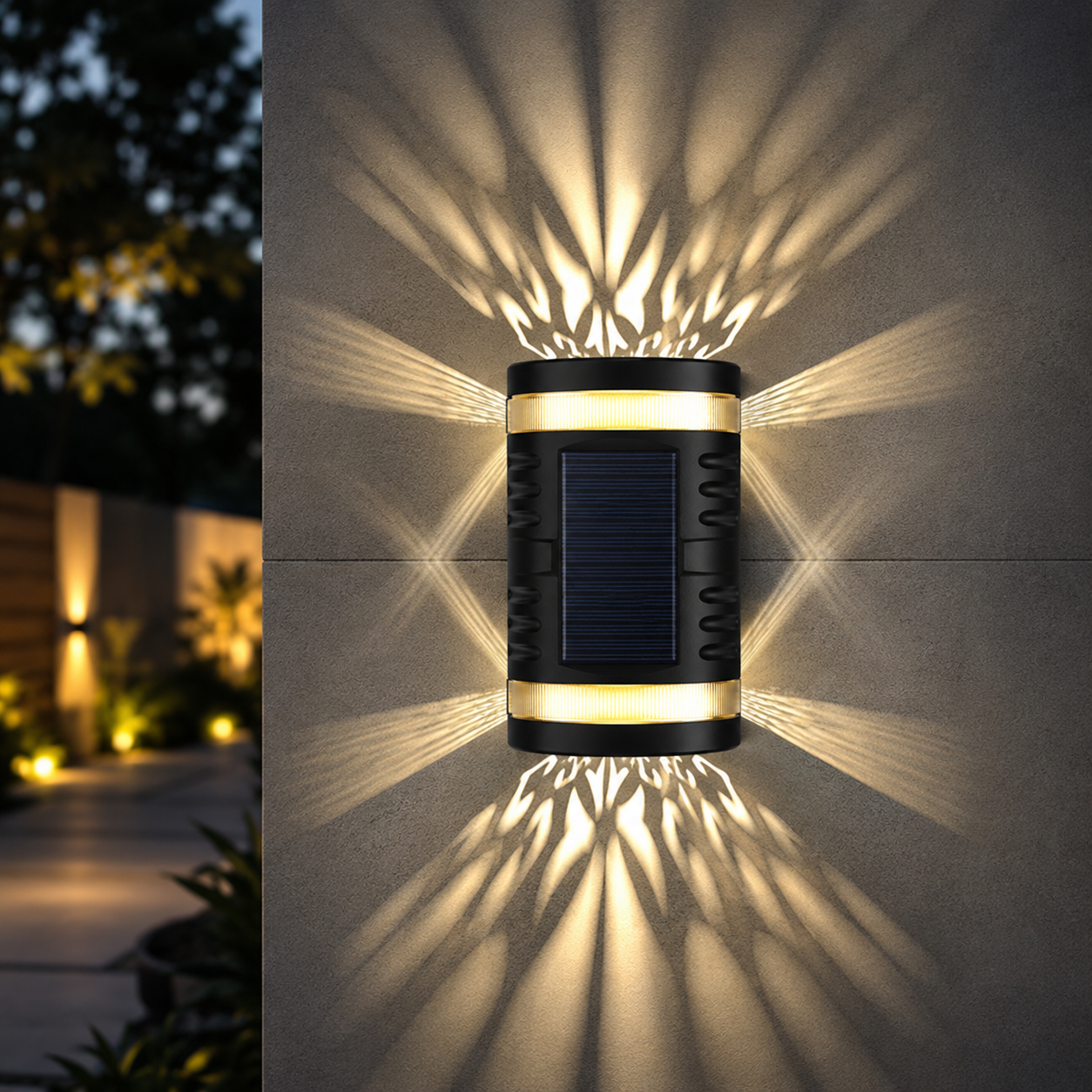 A cylindrical solar wall light mounted on a gray wall at night, casting dramatic starburst light patterns onto the wall. The fixture has a black body with a dark blue solar panel in the center and warm yellow light emitting from the top and bottom bands.