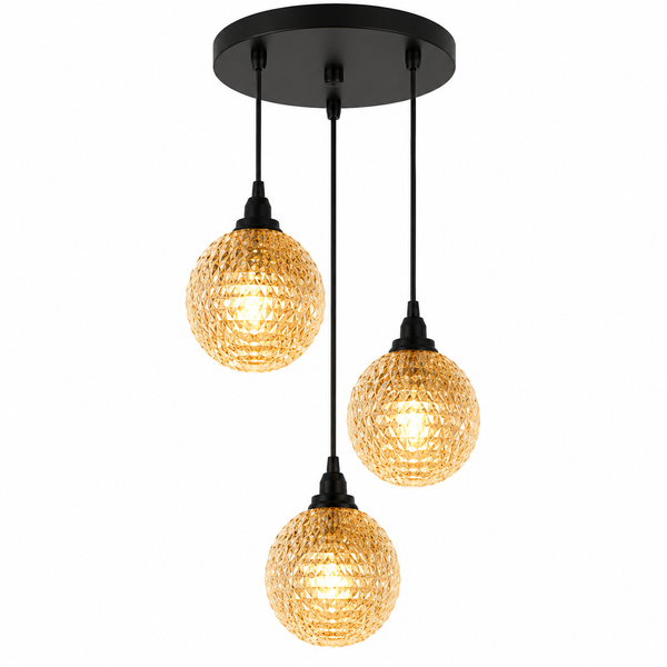 Three-light pendant ceiling fixture with a round black ceiling canopy, black cords, and textured amber glass globe shades, shown against a plain white background.