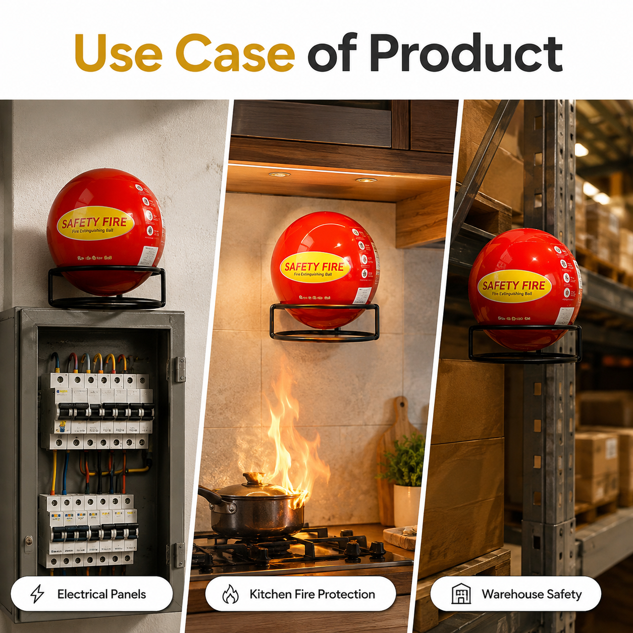 Three-panel promotional graphic showing a red spherical fire alarm mounted on a black rack in different real-world settings: an electrical panel, a kitchen stove area with visible flames, and a warehouse shelving area. Large headline text at the top reads 'Use Case of Product' with three white labels below each panel.