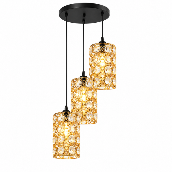 Three-tiered modern pendant light fixture with a black circular ceiling canopy and three cascading cylindrical shades covered in clear faceted crystal discs, shown illuminated against a white background.