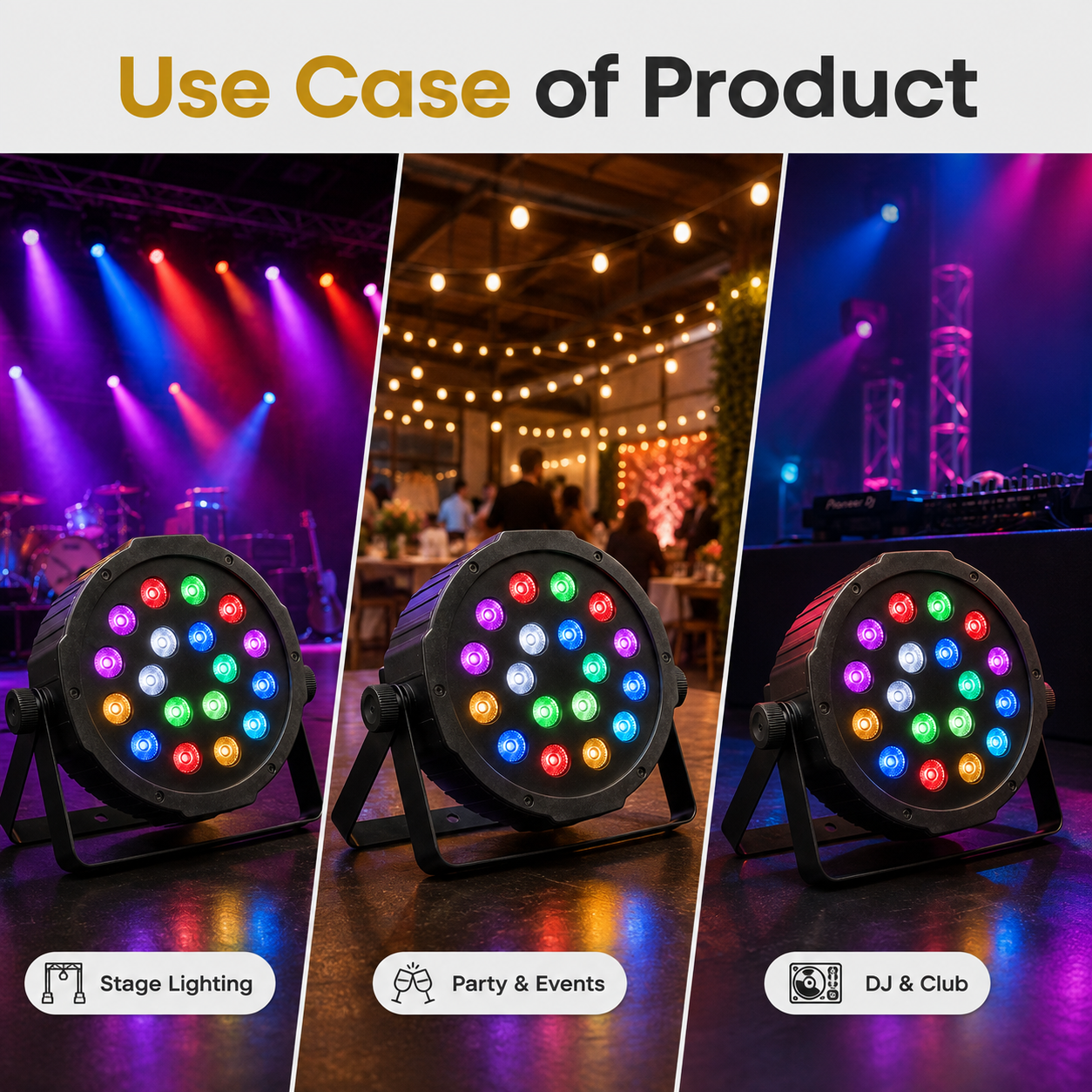 Three circular stage lights with colorful LED faces are shown in three different event and performance environments, under the heading 'Use Case of Product'.