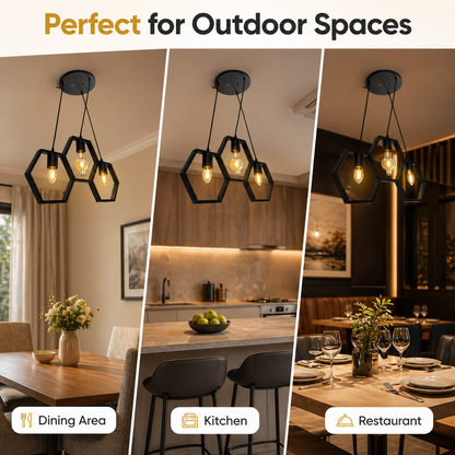 Three different settings with pendant lights labeled for dining area, kitchen, and restaurant.