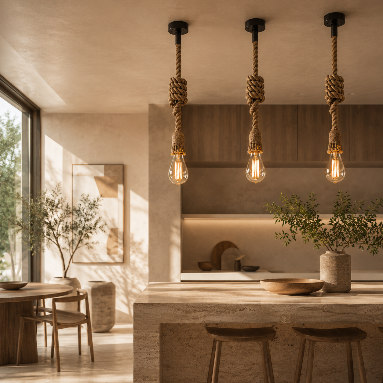 Three rope pendant lights with exposed Edison bulbs hanging over a modern stone kitchen island in a warm, sunlit interior.
