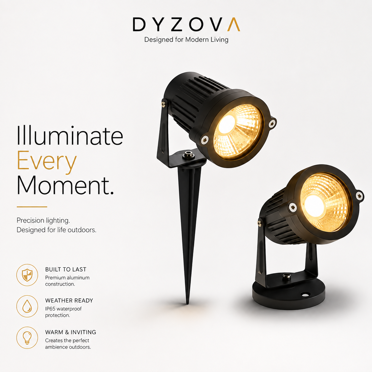 Two black DYZOVA outdoor landscape lights shown on a clean light gray background, one mounted on a stake and one on a base. The brand name DYZOVA is visible at the top, with marketing text on the left.