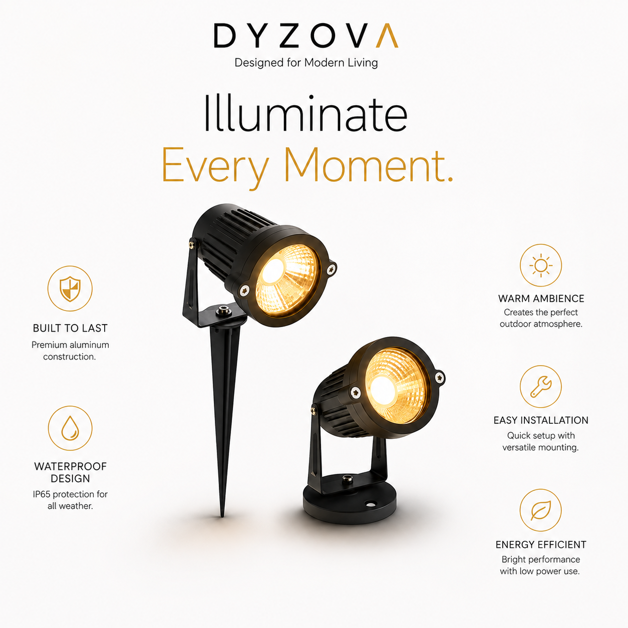 Two black DYZOVA outdoor landscape spotlights shown on a clean white background with marketing text and feature icons. The brand name DYZOVA is visible at the top, and the spotlights are labeled as built to last, waterproof, energy efficient, and easy to install.