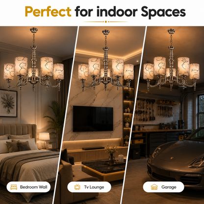 A promotional collage showing a multi-light chandelier in three real interior settings: a bedroom wall, a TV lounge, and a garage. The chandelier has ornate silver-toned metalwork and multiple warm white cylindrical shades with a subtle floral pattern.