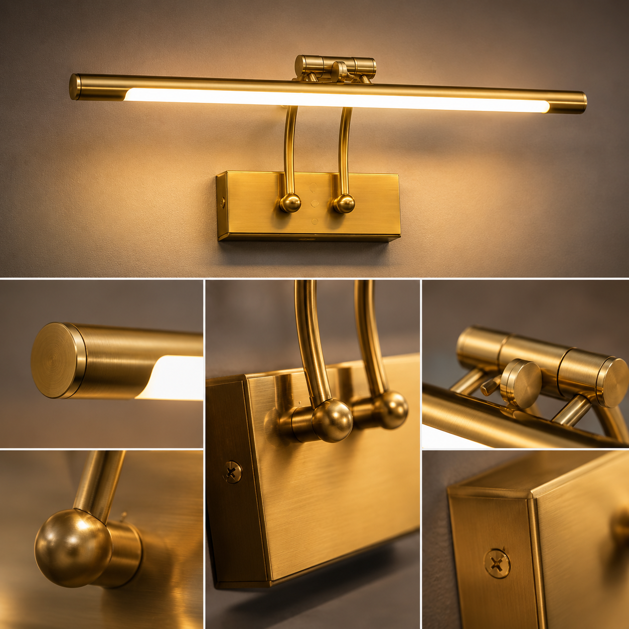 A collage showing a brushed gold wall-mounted light fixture from multiple angles. The fixture has a long horizontal bar with a glowing rectangular light tube, two curved support arms with spherical accents, and a rectangular mounting plate.