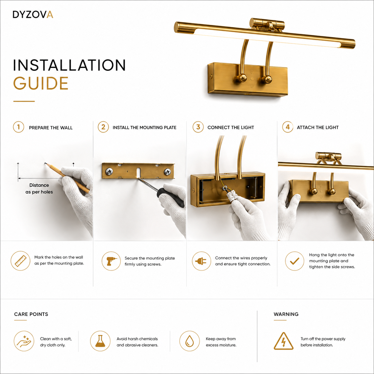 Installation guide infographic for a wall-mounted linear light fixture by DYZOVA, showing four numbered steps with hand-drawn style illustrations and care points on a white background.