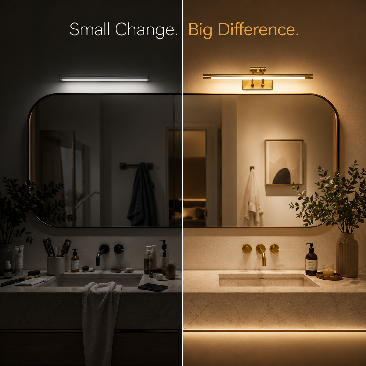 A split-screen comparison of a bathroom vanity light in two states: on the left, it is unlit and dark; on the right, it is illuminated with warm golden light, showing a brighter, more inviting bathroom scene. Text at the top reads 'Small Change.