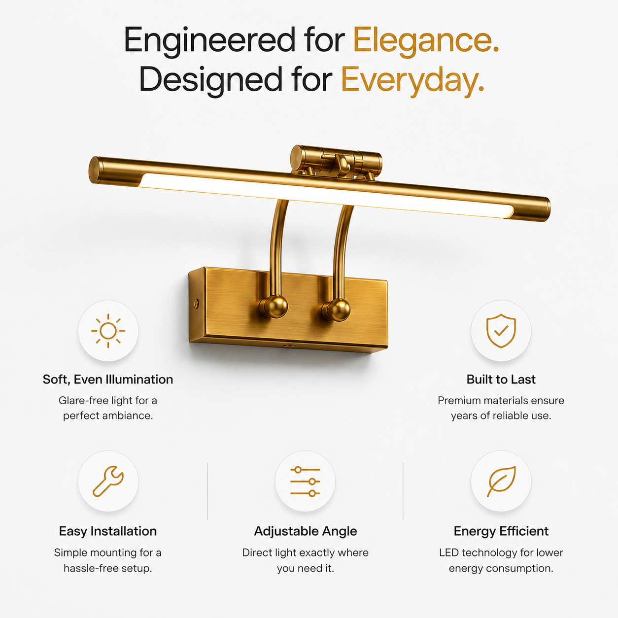 A gold wall-mounted light fixture with a horizontal bar and adjustable arms, shown on a clean white background with marketing text and feature icons around it.
